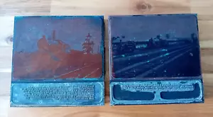 2 Vintage Wooden Copper Plate Printing Blocks Steam Locomotive Exhibition - Picture 1 of 9