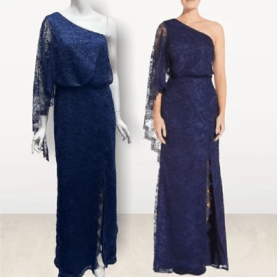 Aidan Mattox Asymmetrical Top Navy Gown - Image 1 of 4