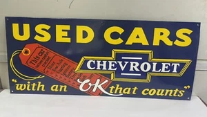 Used Cars Chevrolet Porcelain Enamel Sign 36 x 15 Inches 1 Sided - Picture 1 of 8