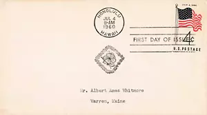 1960 4¢ 50 Star US Flag First Day Issue Honolulu HI July 4th Cancel - Picture 1 of 1