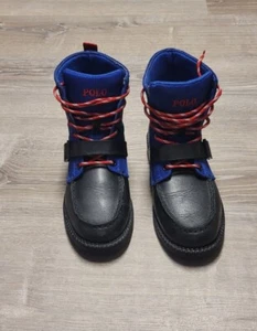 Polo Ralph Lauren RANGER HIGH II Black Leather Blue Upper Boys Size 4.5M - Picture 1 of 12
