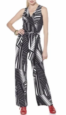 NIKKI POULOS NUEVO Mono Negro Marfil Sin Mangas Cinturón Estampado Abstracto Talla XS Foto 1 de 4