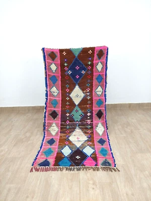 3x6 Vintage Geometric Rug Handmade Moroccan Brown Pink Cotton Berber Runner Rug - Image 1 of 4