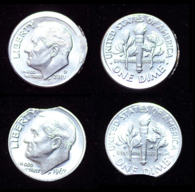 Clip de diez centavos Roosevelt 1967 y moneda de diez centavos Roosevelt 2001-D Broadstruck error envío gratuito Foto 1 de 4