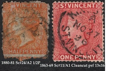 ST.VINCENT QV USED 1886 PINK 1p SC#44/A1/CLN PRF 14/1880 ORNG 1/2P SC#24/A2 - Image 1 of 4