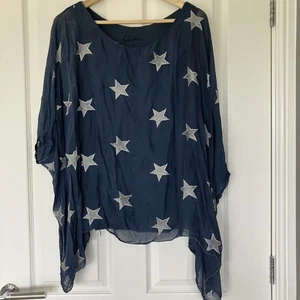 BLUE SILK TOP M Embroidered White Stars Camisole Lining Round Neck Relaxed Fit - Picture 1 of 6