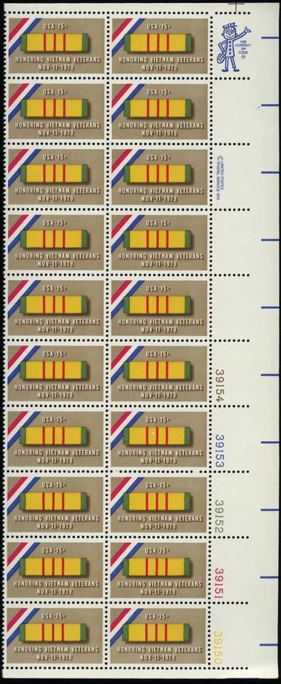 Honoring Vietnam Veterans Nov-11-1979 USA 15c Stamp Block of 20 (Scott#1802) MNH - Image 1 of 3
