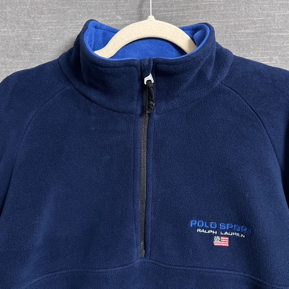 Винтажный Polo Sport пуловер L синий флис 1/4 молнии флаг Polartec ThermalPro отверстие - Изображение 1 из 4