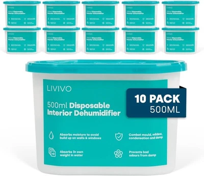 LIVIVO Pack of 10x 500ml Interior Dehumidifiers- Helps Stop Damp, 10  - Image 1 of 4