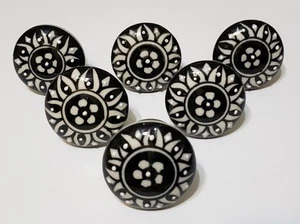 6 Ceramic Black and White Floral Design Drawer Knobs w/ Silver Back Plate 1 3/4" - Picture 1 of 10