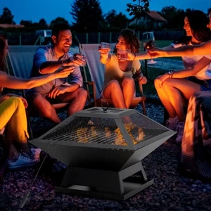 Outsunny Feuerschale mit Funkenschutz Grillrost Feuerkorb Feuerstelle für BBQ - Bild 1 von 10