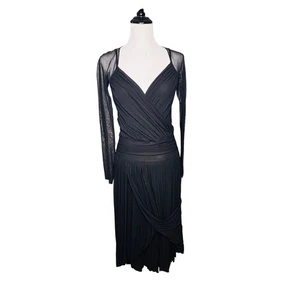 Vintage Fuzzi Kleid Damen Größe L schwarz transparente Ärmel Netz Rüschen Stretch Midi - Bild 1 von 15