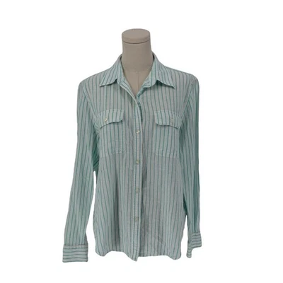 Chaps Linen/Cotton Blend White Button Up Shirt w/ Aqua Blue Stripes (Size L) - Image 1 of 4