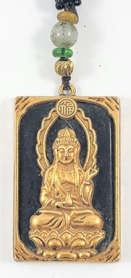 Guanyin, Bodhisattva de la Compasión Tono Dorado Cristal Negro Colgante Buena Fortuna Foto 1 de 4