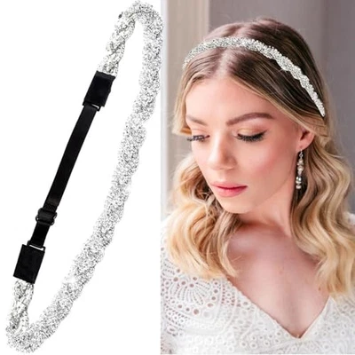 Faixa de cabeça feminina de strass ajustável prata, diamante de strass elástico  - Imagem 1 de 4