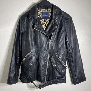 American Eagle Black Faux Leather Jacket Womens Small Leopard Print Lined Metal - Picture 1 of 12