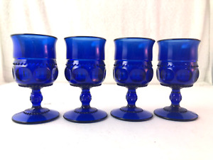 4 Indiana Glass Kings Crown Thumbprint Cordial Goblet Cobalt Blue 3 3/4” Tall