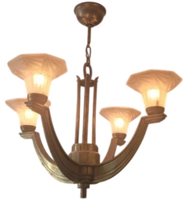 Gorgeous Antique French ART DECO Ceiling Suspension Chandelier 1930 Bronze Shade - Image 1 of 4