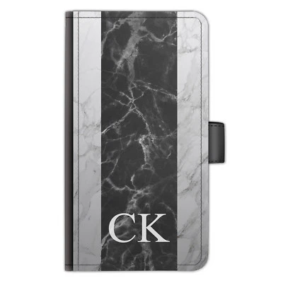 Personalised Initials PU Leather Phone Case Black Marble Stripe Side Flip Cover - Image 1 of 4