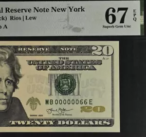 2013 $20 Federal Reserve Note PMG 67EPQ Superb Gem Low Serial Number 00000066 - Picture 1 of 3