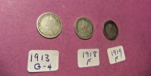 1913, 1918, 1919 Canada Silver 10 Cent Coins - G4 to F - Picture 1 of 6