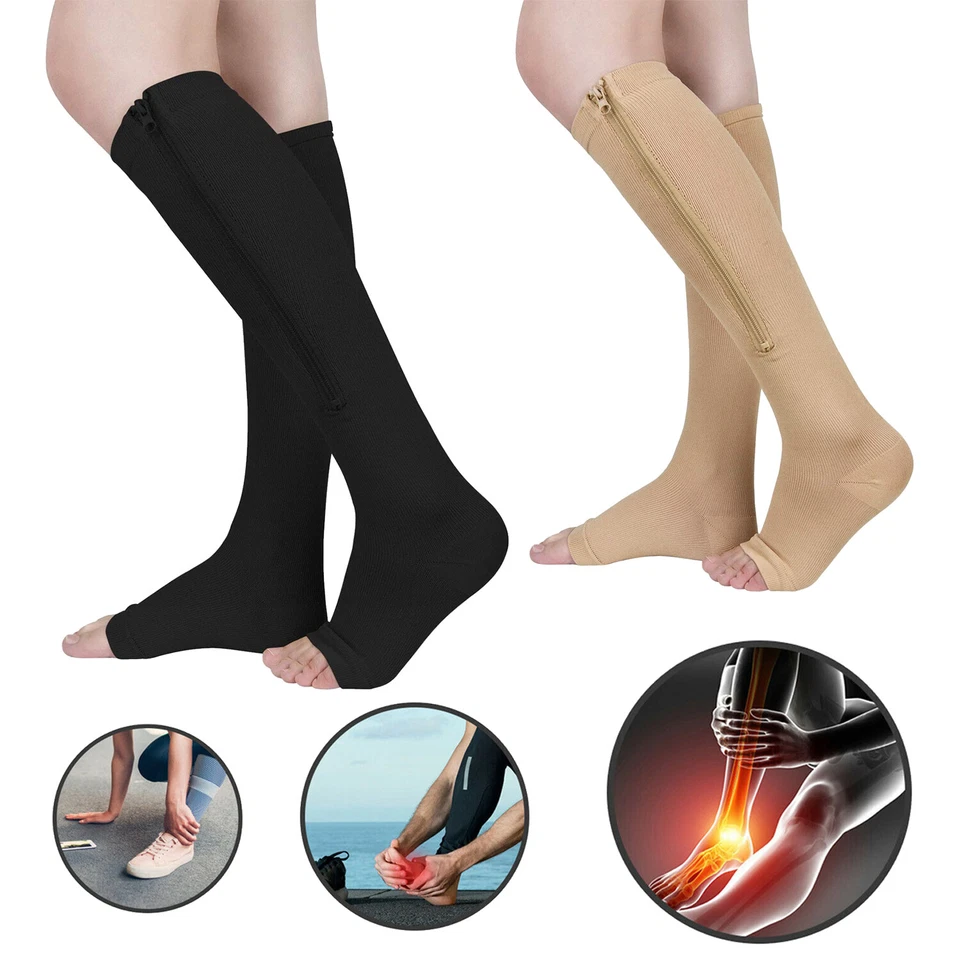 Zippered Compression Socks Support Stockings Leg Calf Men's Women's Sox (S-XXL) - Image 1 of 1