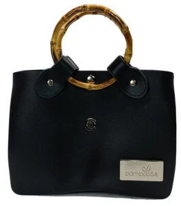 Bamboo54 Purse Black Round Bamboo Handles Magnetic Closure 7in x 9in x 3in - Picture 1 of 13