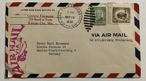 RARE 1936 US COVER TO BERLIN GERMANY LZ 129 AIRSHIP HINDENBURG KANSAS CITY - Picture 1 of 4