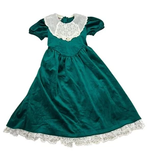 Vintage Emily West Green Velvet Dress W/ Lace Collar & Hem Size 7 Girls Clothing - Picture 1 of 7