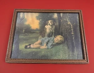 ANTIQUE Gesso Framed Print "Safely Guarded" A. Pope. Young GIRL with a Dog. VGC - Picture 1 of 8