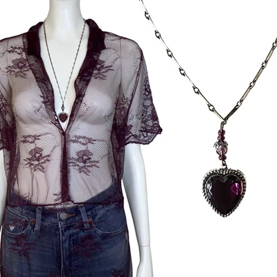 "Collar largo corazón diamantes de imitación púrpura tono plata años 90 Whimsigoth coqueta 24,5""" Foto 1 de 4