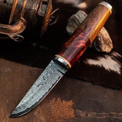 Cuchillo Damasco/Acero 8.7" Listo para Regalo Full Tang Hunt it Hunt + Funda de Cuero Foto 1 de 4