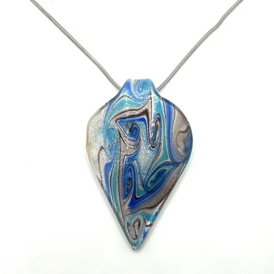 COLGANTE HOJA CRISTAL ESTILO MURANO en Azules y Marrones con Cadena Serpiente Plata .925 Foto 1 de 4