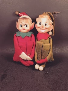 2- Vintage Christmas Elf Knee Hugger Ornaments Red Green - Picture 1 of 11