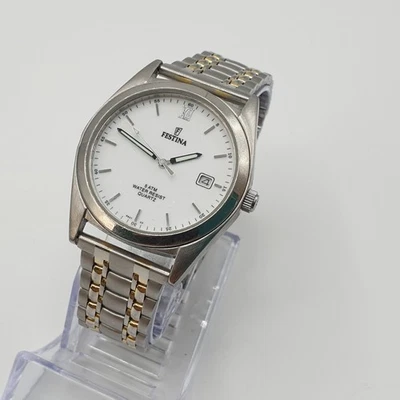 Festina Quartz Swiss Made –Montre Homme Acier Bi-Ton Blanc Date Vintage 17cm - Photo 1/4