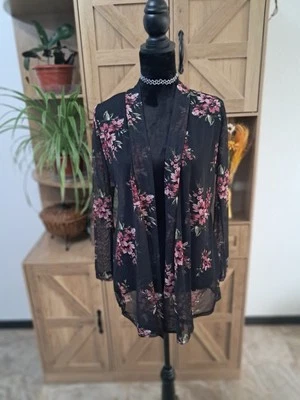 JM Fleurette Women's Large Sheer Mesh Open Front Jacket Black with Floral Print - Image 1 of 4