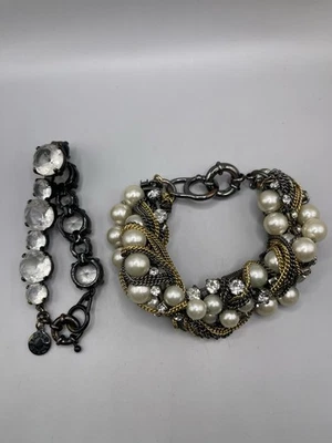 J Crew лот из 2 жемчуг серый золотой со стразами заявление браслеты как есть - Изображение 1 из 4