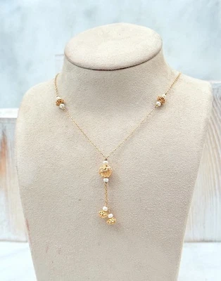 "Collar vintage de eslabones de cadena de estaciones de perlas flotantes de oro amarillo de 14 quilates de 18""" Foto 1 de 4