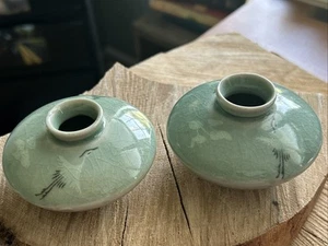 Set Of 2 Antique Korean Inlaid Cranes Artwork Celadon Porcelain Water Tea Pots - Picture 1 of 10