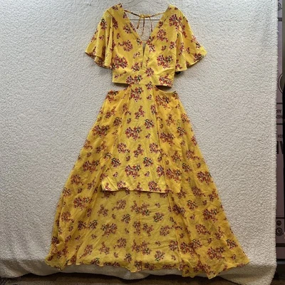 XOXO Floral Print Short Sleeve Dress Over Skirt Tie Back Yellow Women’s Size M - Image 1 of 4