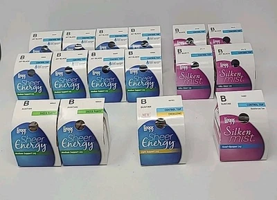 L'eggs Sheer Energy Silken Mist Pantyhose Size B Jet Black & Suntan 16 Pairs  - Image 1 of 4