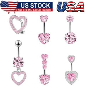 Pink Heart Belly Button Ring Surgical Steel Belly Rings 14G Piercing Cute Belly - Picture 1 of 6