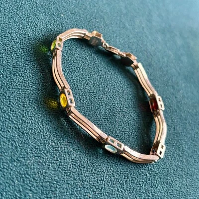 Sterling Silver Wavy Link Bracelet Multi Gemstone Garnet Citrine Peridot 7" Long - Image 1 of 4