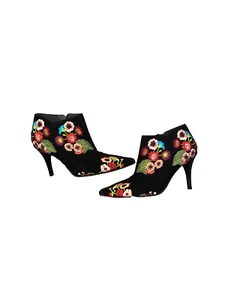 VTG Beverly Feldman Women Black Floral Embroidered Suede Heel Ankle Boots Size 7 - Picture 1 of 6