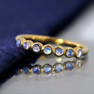 White Rainbow Moonstone Round cabochon Half Eternity Band 925 Silver Ring - Picture 1 of 7