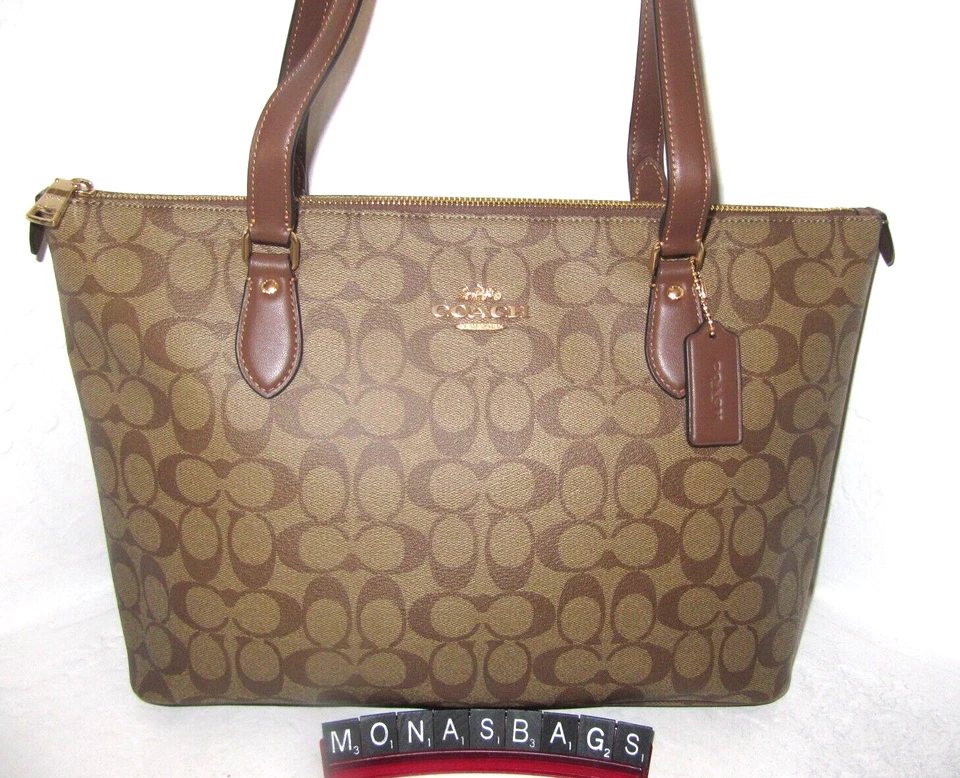 Coach CS187 Khaki Signature Saddle Leather Gallery Tote Shoulder Bag