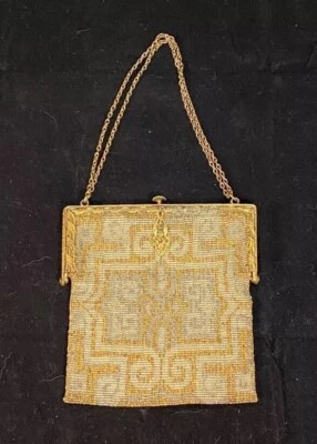 Antique Art Deco Nouveau Gold Frame MICRO Bead Flapper Purse Handmade France — 第 1/4 张图片