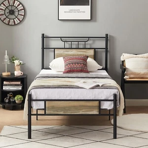 Twin Size Metal Bed Frame Slat Support with Wooden Headboard Easy Assembly - Picture 1 of 12