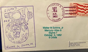 SELDOM SEEN CACHET -MERCURY 8 -WALLY SCHIRRA -COVER ONBOARD SPERRY-OCT 3, 1962 - Picture 1 of 4