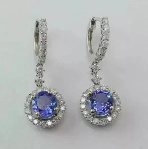 2.80Ct Created Blue Tanzanite Women's Dangle Drop Earrings 14K White Gold Finish - Picture 1 of 2